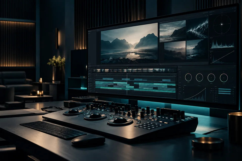AI-generated editorial illustration of a post-production monitor, grading controls and organized video timeline