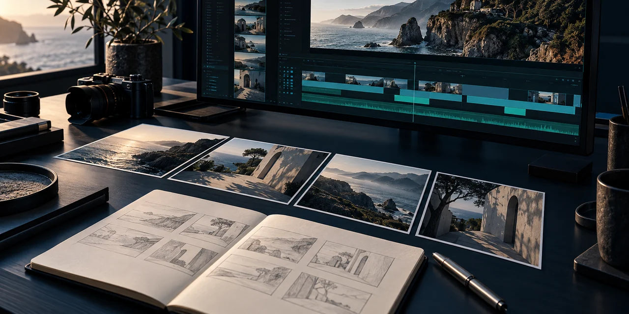Editorial illustration of a post-production workspace